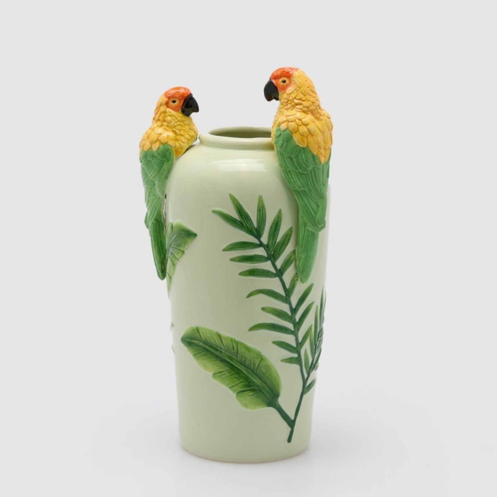 Керамическая ваза EDG с попугаями и листьями, зелёная, 39 см