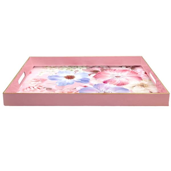 Розовый прямоугольный поднос 48×35 см с цветочным рисунком