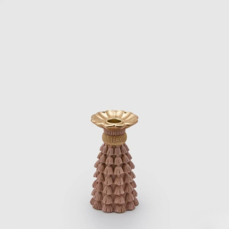 Розовый подсвечник Tassel высотой 15 см с золотой верхней частью